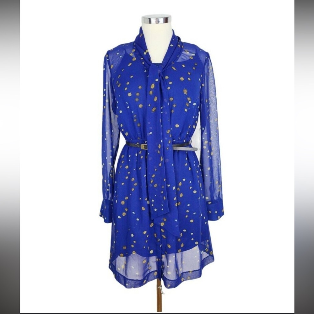 Kensie Elegant Blue and Gold Long Sleeve Sheer Dress W/ Slip